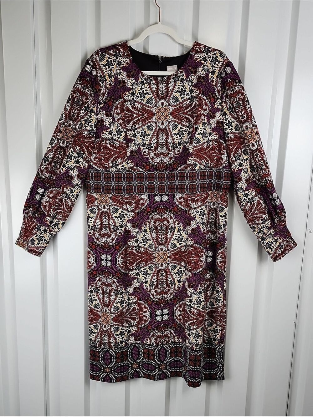 Chico's Women's Medallion Print Purple Paisley Crepe Sheath Dress Size 3=16/18
